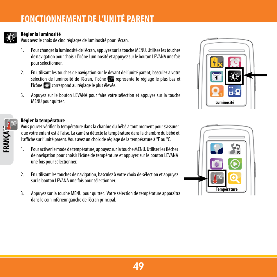 Fonctionnement de l’unité parent, Franç ais | Levana ERA User Manual | Page 49 / 98