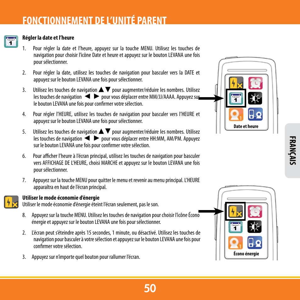 Fonctionnement de l’unité parent, Franç ais | Levana ERA User Manual | Page 50 / 98