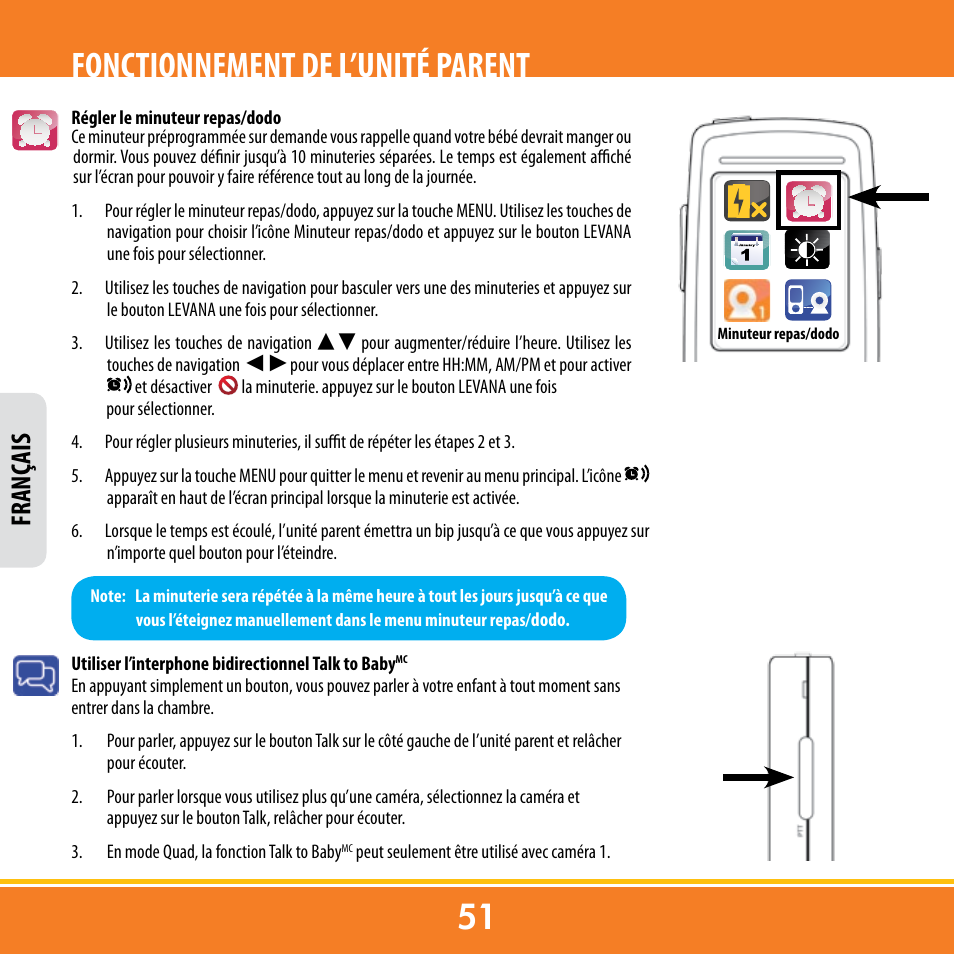 Fonctionnement de l’unité parent, Franç ais | Levana ERA User Manual | Page 51 / 98