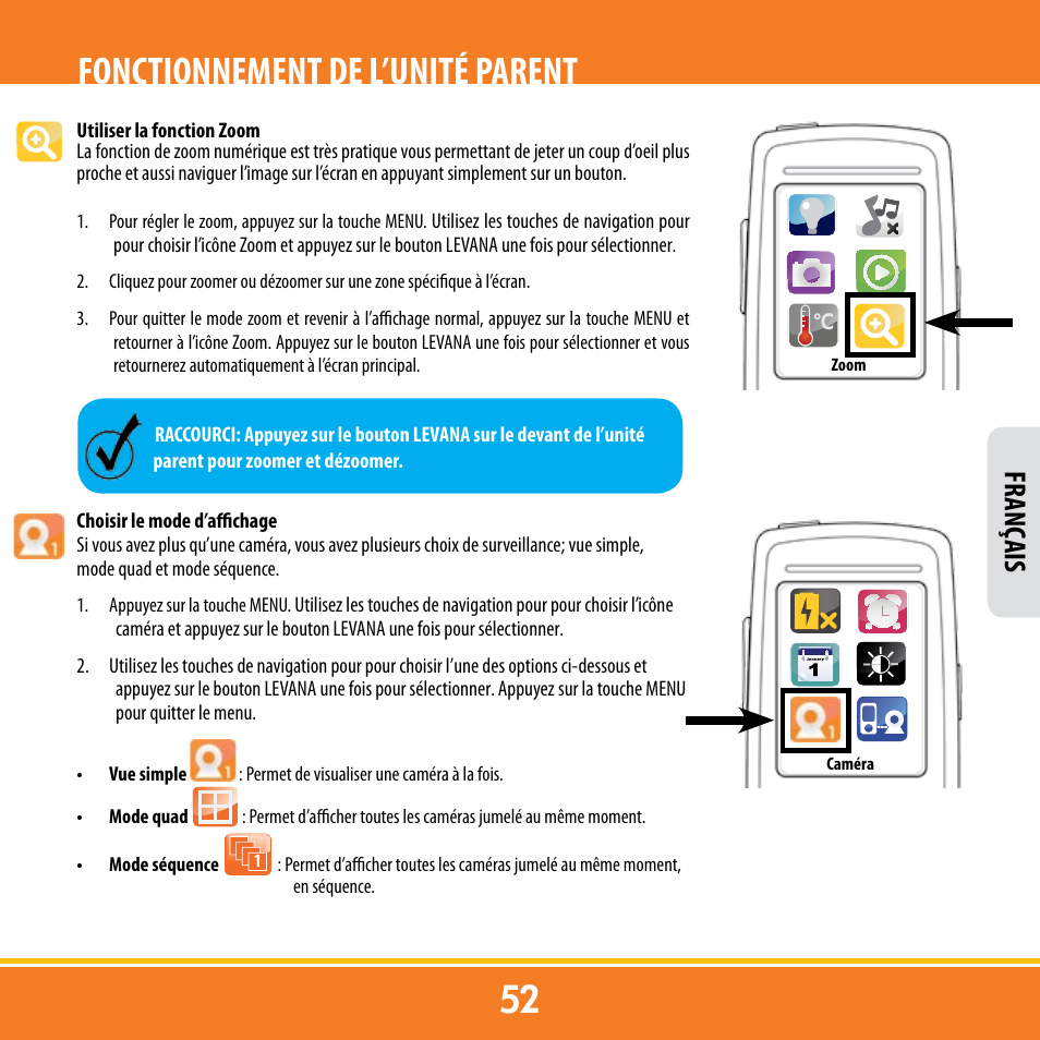 Fonctionnement de l’unité parent, Franç ais | Levana ERA User Manual | Page 52 / 98