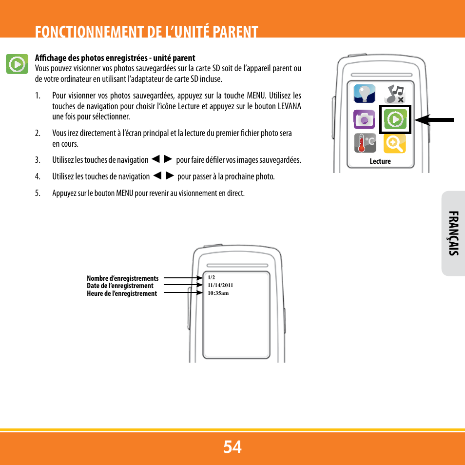 Fonctionnement de l’unité parent, Franç ais | Levana ERA User Manual | Page 54 / 98