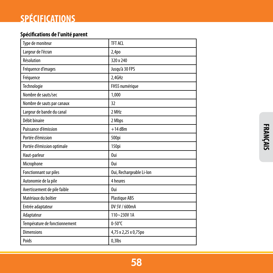 Spécifications, Franç ais | Levana ERA User Manual | Page 58 / 98