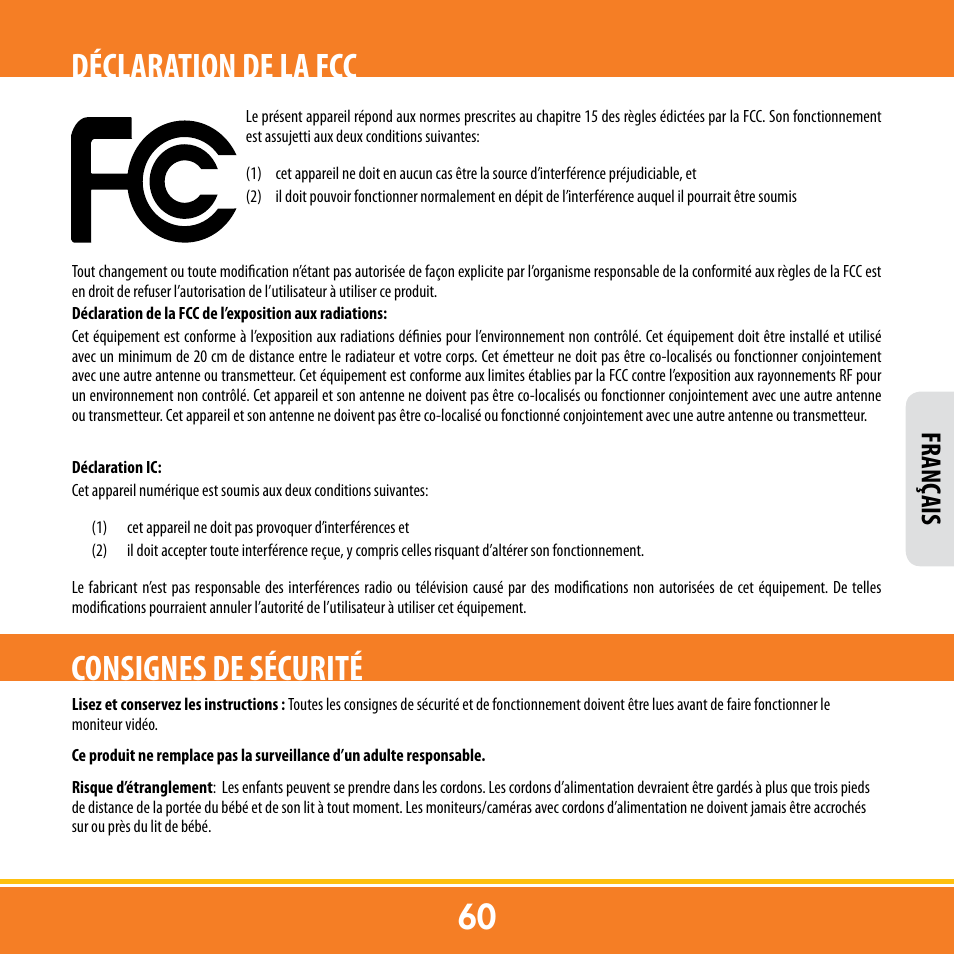 Déclaration de la fcc, Consignes de sécurité, Franç ais | Levana ERA User Manual | Page 60 / 98