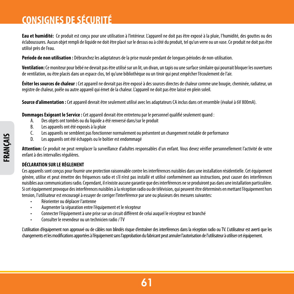 Consignes de sécurité, Franç ais | Levana ERA User Manual | Page 61 / 98
