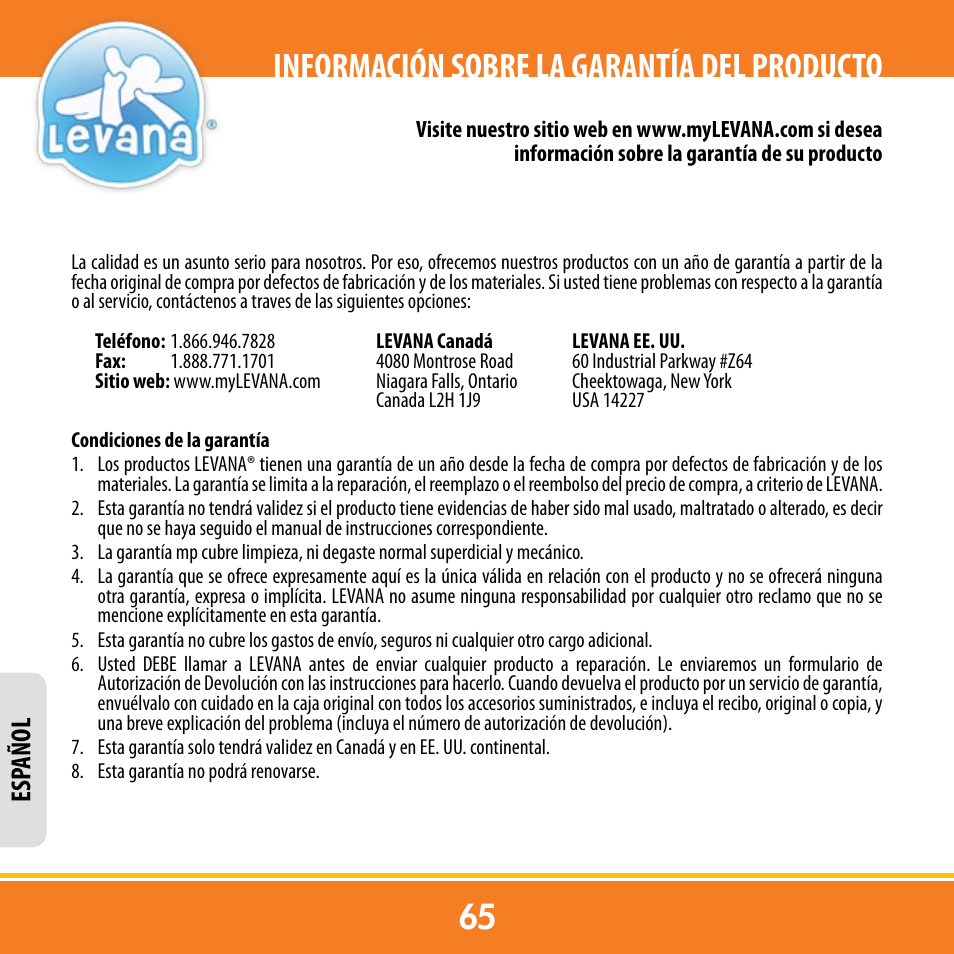 Información sobre la garantía del producto, Esp añol | Levana ERA User Manual | Page 65 / 98