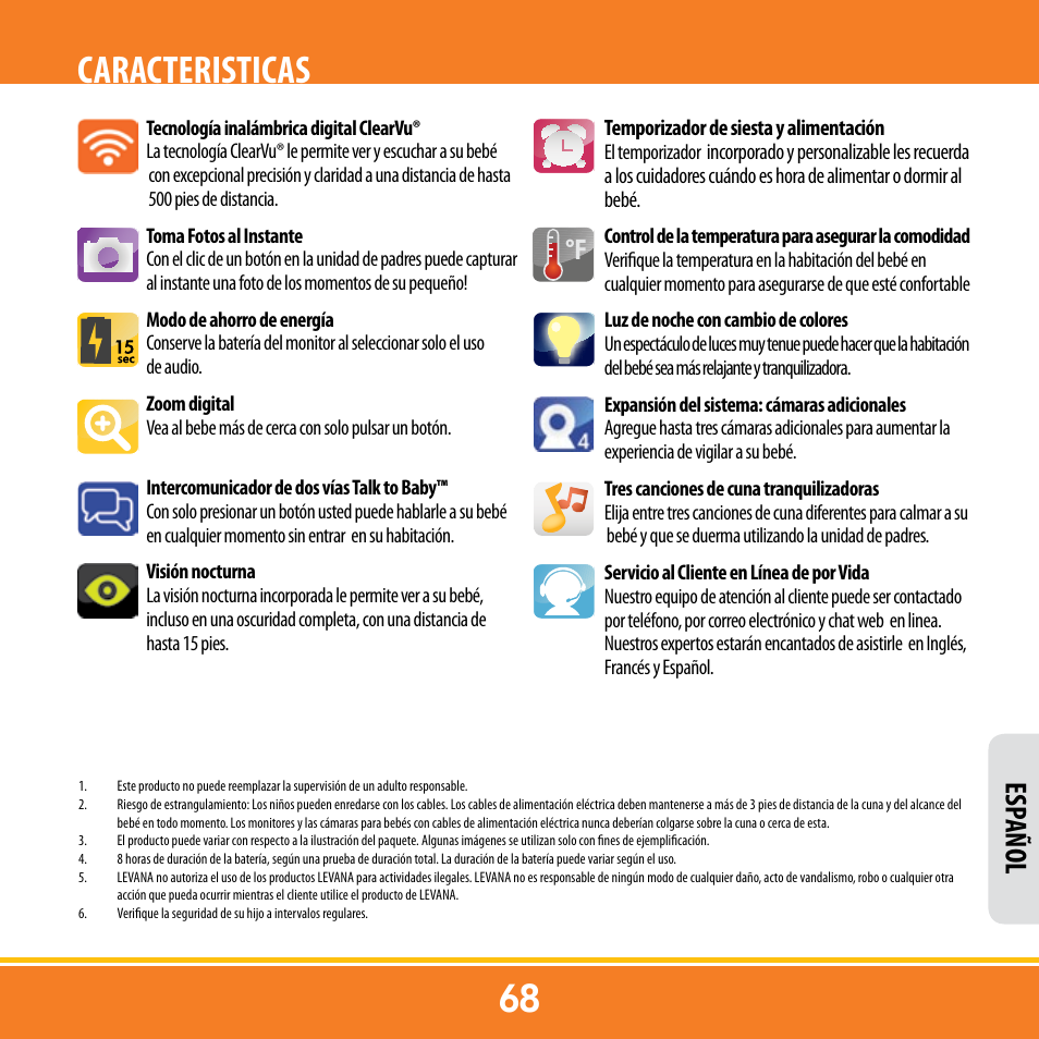 Caracteristicas, Esp añol | Levana ERA User Manual | Page 68 / 98
