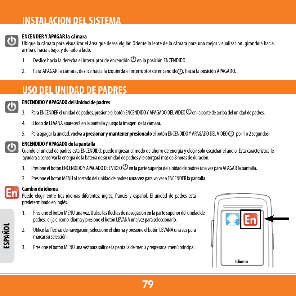 Instalacion del sistema uso del unidad de padres, Esp añol | Levana ERA User Manual | Page 79 / 98