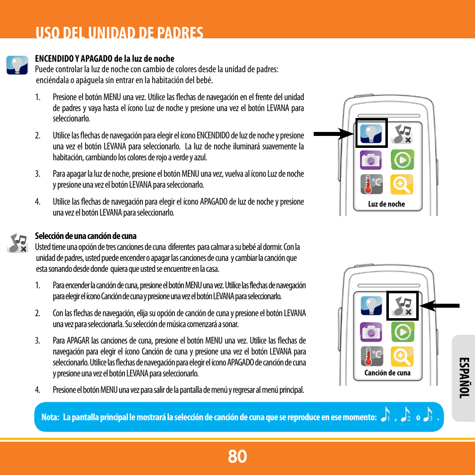 Uso del unidad de padres, Esp añol | Levana ERA User Manual | Page 80 / 98