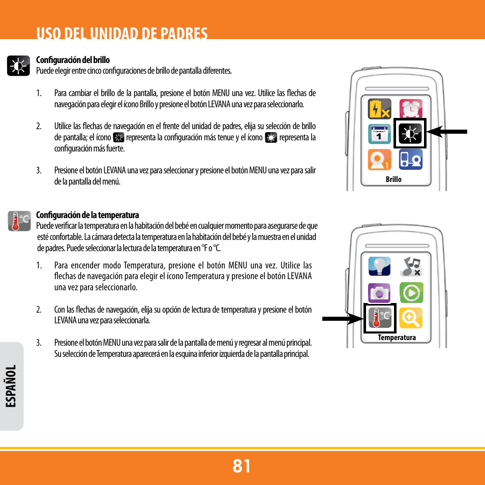 Uso del unidad de padres, Esp añol | Levana ERA User Manual | Page 81 / 98