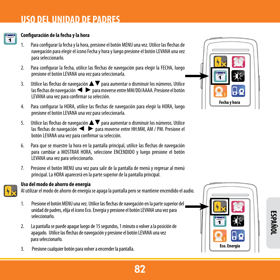 Uso del unidad de padres, Esp añol | Levana ERA User Manual | Page 82 / 98