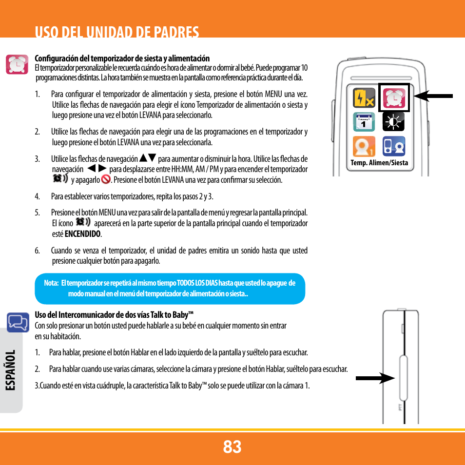 Uso del unidad de padres, Esp añol | Levana ERA User Manual | Page 83 / 98