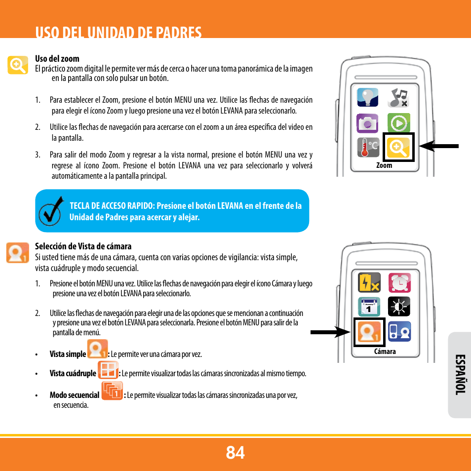 Uso del unidad de padres, Esp añol | Levana ERA User Manual | Page 84 / 98