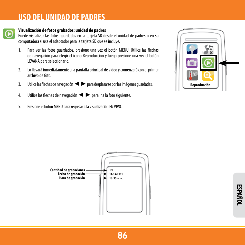 Uso del unidad de padres, Esp añol | Levana ERA User Manual | Page 86 / 98