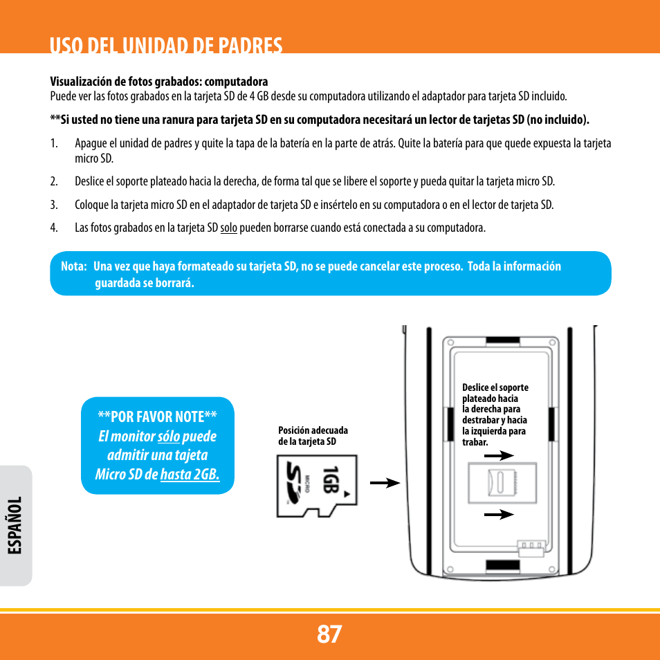 Uso del unidad de padres, Esp añol | Levana ERA User Manual | Page 87 / 98