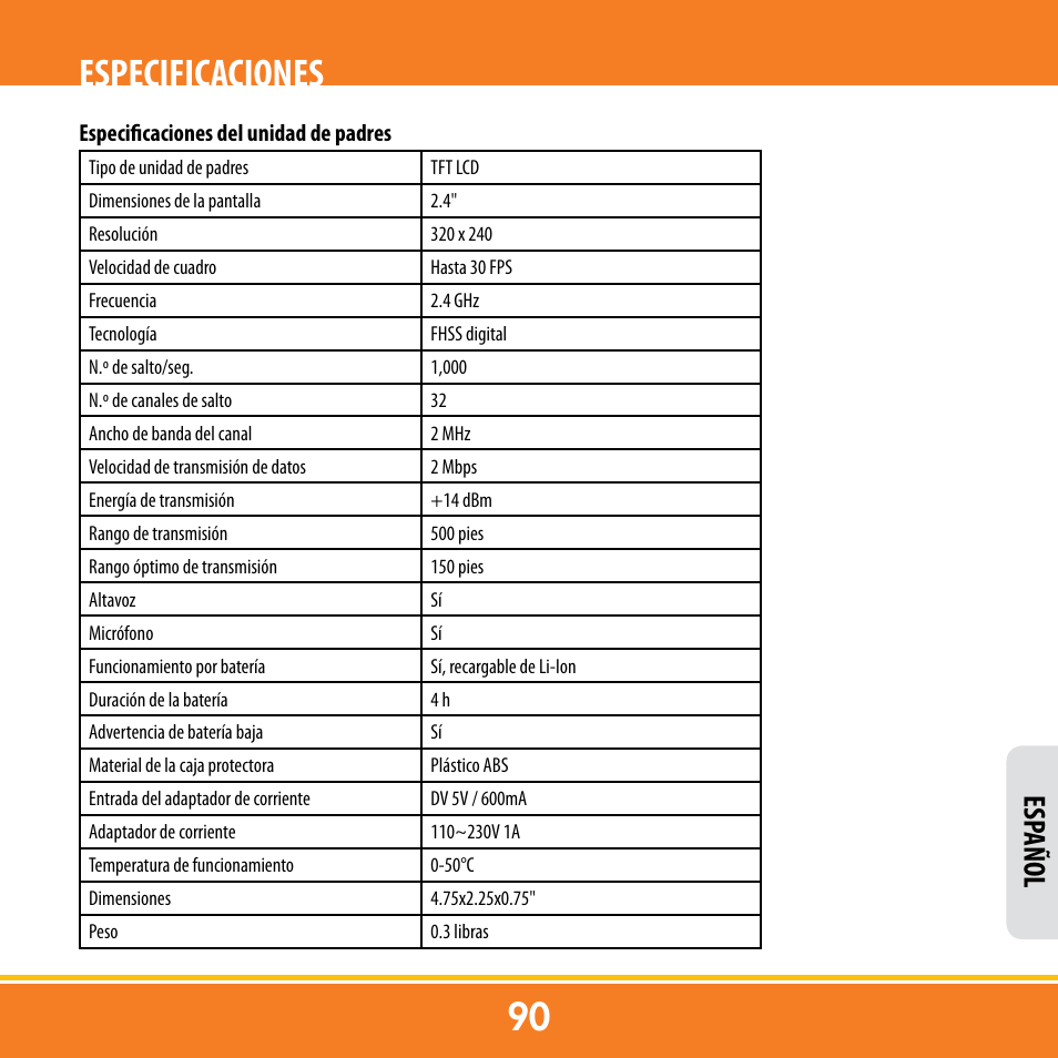 Especificaciones, Esp añol | Levana ERA User Manual | Page 90 / 98