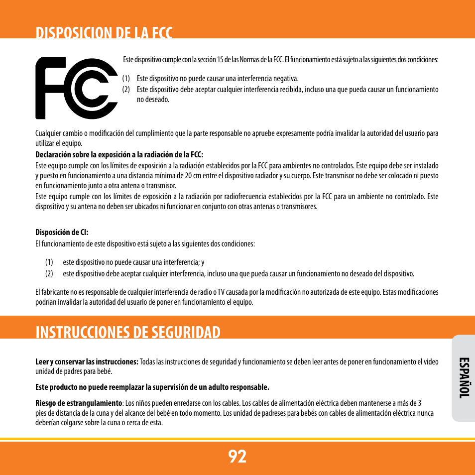 Disposicion de la fcc, Instrucciones de seguridad, Esp añol | Levana ERA User Manual | Page 92 / 98