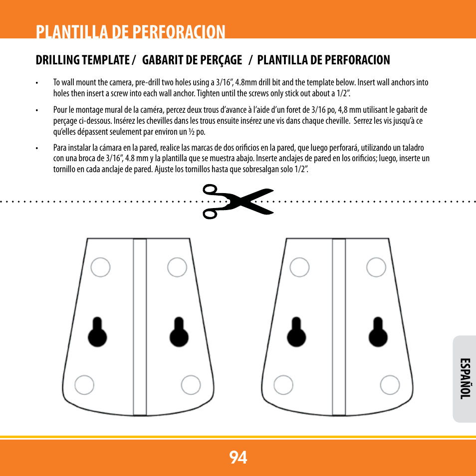Plantilla de perforacion, Esp añol | Levana ERA User Manual | Page 94 / 98