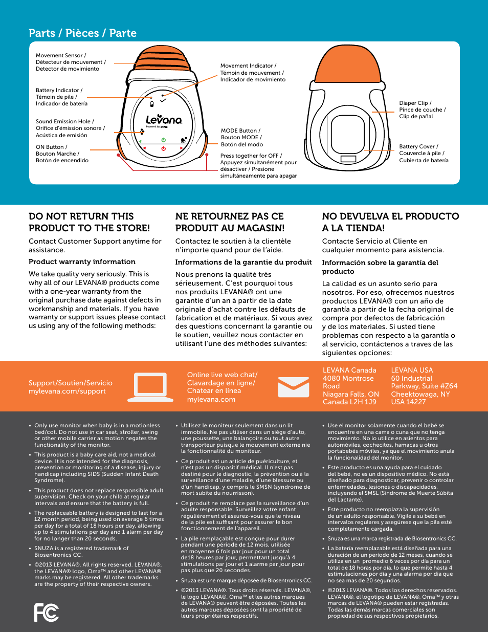 Parts / pièces / parte, Do not return this product to the store, Ne retournez pas ce produit au magasin | No devuelva el producto a la tienda | Levana Oma Quick Start User Manual | Page 2 / 2