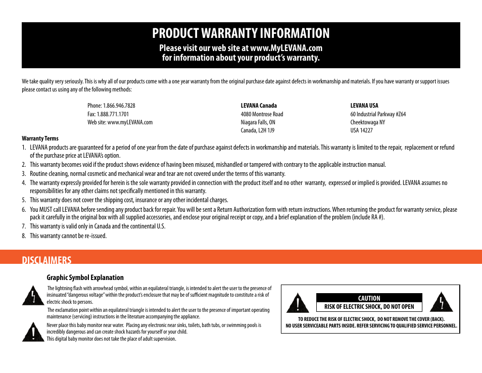 Product warranty information, Disclaimers | Levana LV-TW500 User Manual | Page 2 / 52