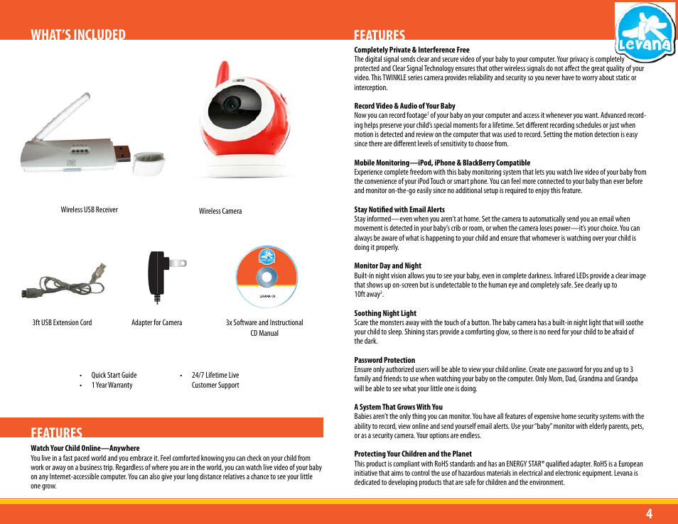 What’s included, Features | Levana LV-TW500 User Manual | Page 4 / 52