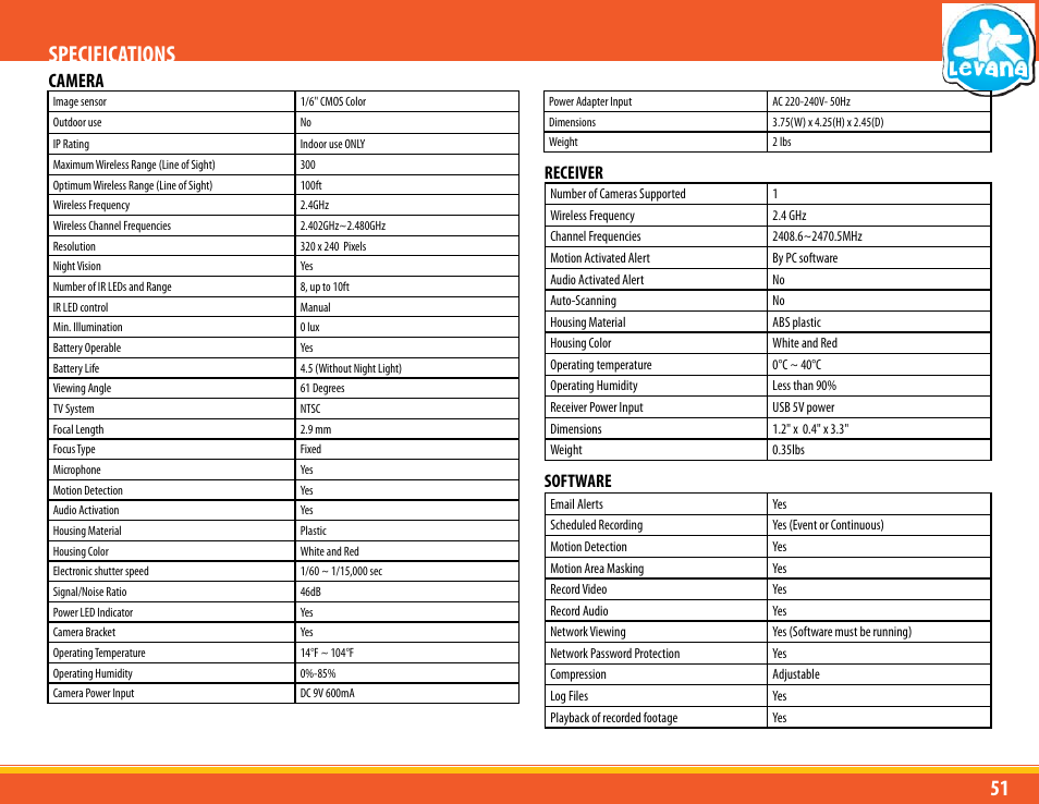 Specifications, Camera | Levana LV-TW500 User Manual | Page 51 / 52