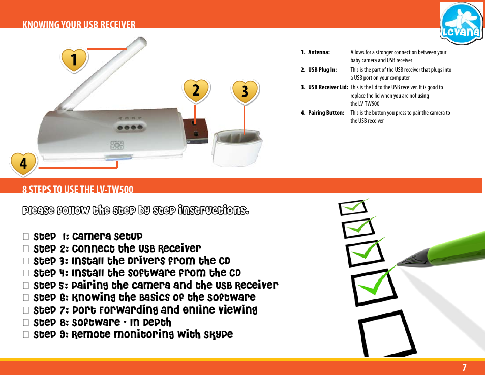 Knowing your usb receiver, 8 steps to use the lv-tw500 | Levana LV-TW500 User Manual | Page 7 / 52