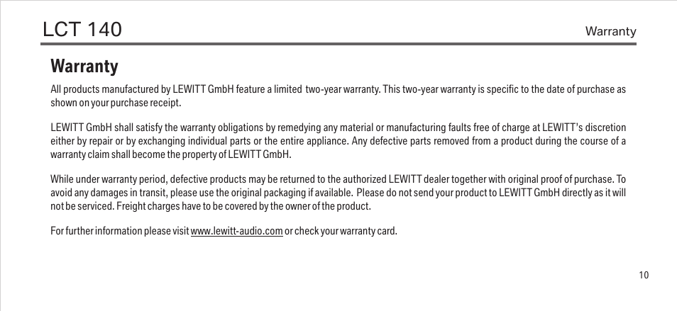 Lct 140, Warranty | LEWITT LCT 140 User Manual | Page 10 / 13