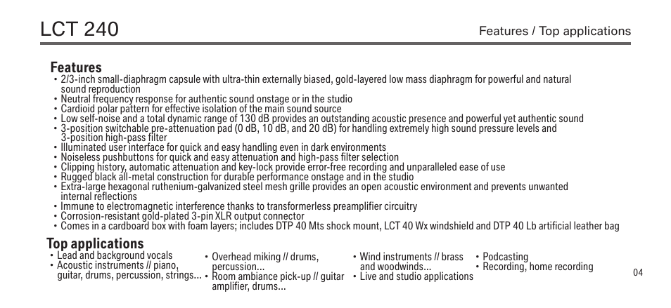 Lct 240, Features, Top applications | LEWITT LCT 240 User Manual | Page 4 / 15