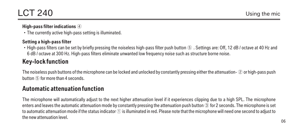 Lct 240, Key-lock function, Automatic attenuation function | LEWITT LCT 240 User Manual | Page 6 / 15