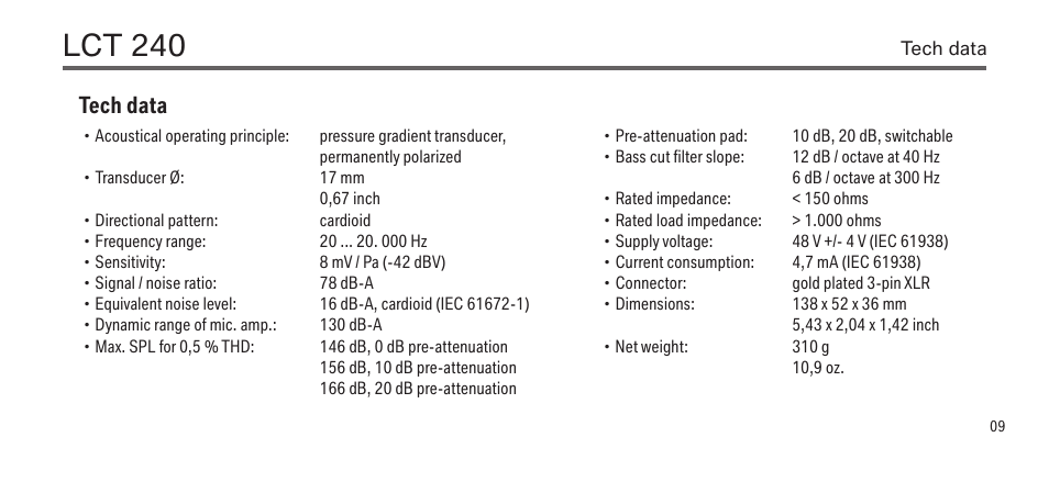 Lct 240, Tech data | LEWITT LCT 240 User Manual | Page 9 / 15