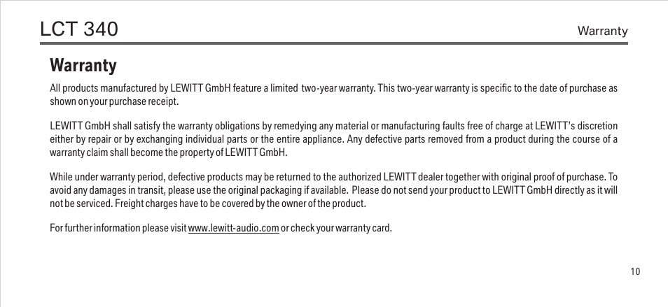 Lct 340, Warranty | LEWITT LCT 340 User Manual | Page 10 / 13