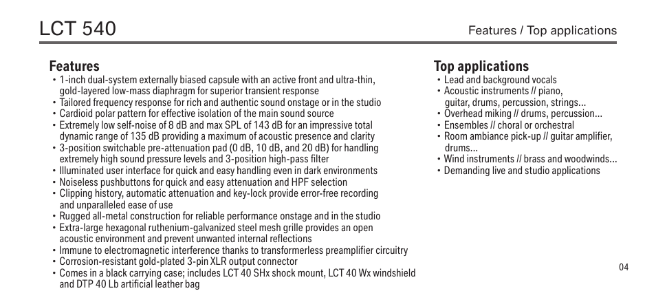 Lct 540, Features, Top applications | LEWITT LCT 540 User Manual | Page 4 / 15