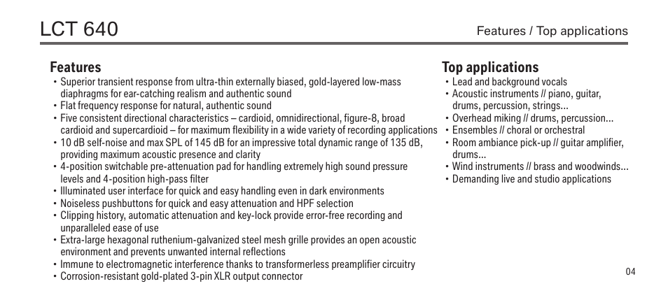 Lct 640, Features, Top applications | LEWITT LCT 640 User Manual | Page 4 / 15