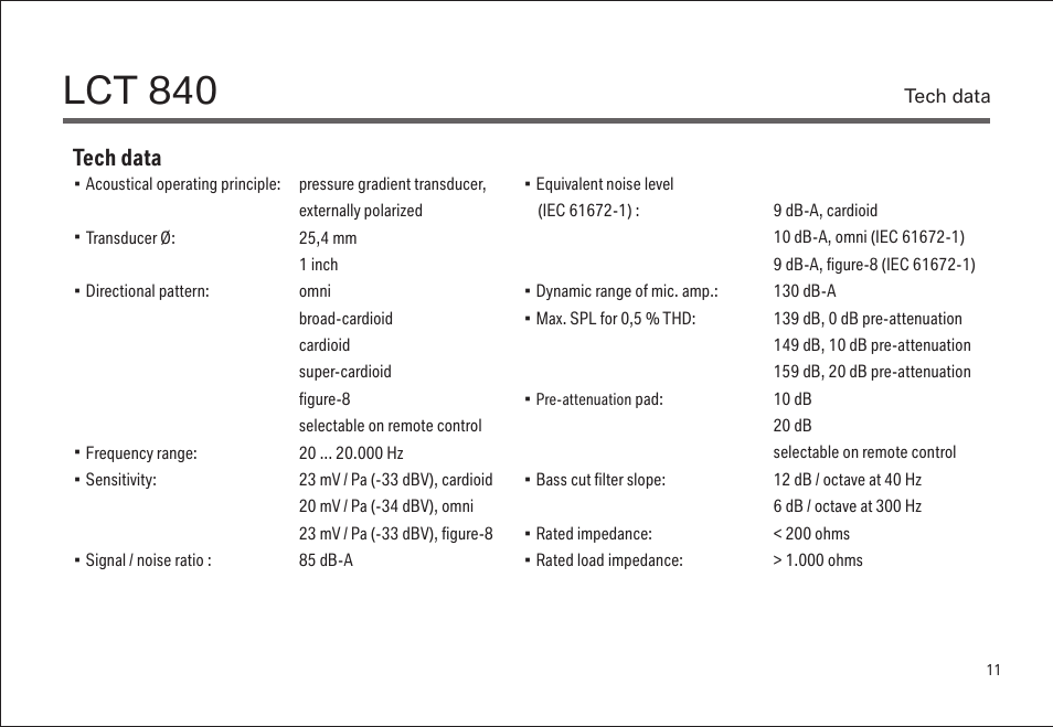 Lct 840, Tech data | LEWITT LCT 840 User Manual | Page 11 / 18