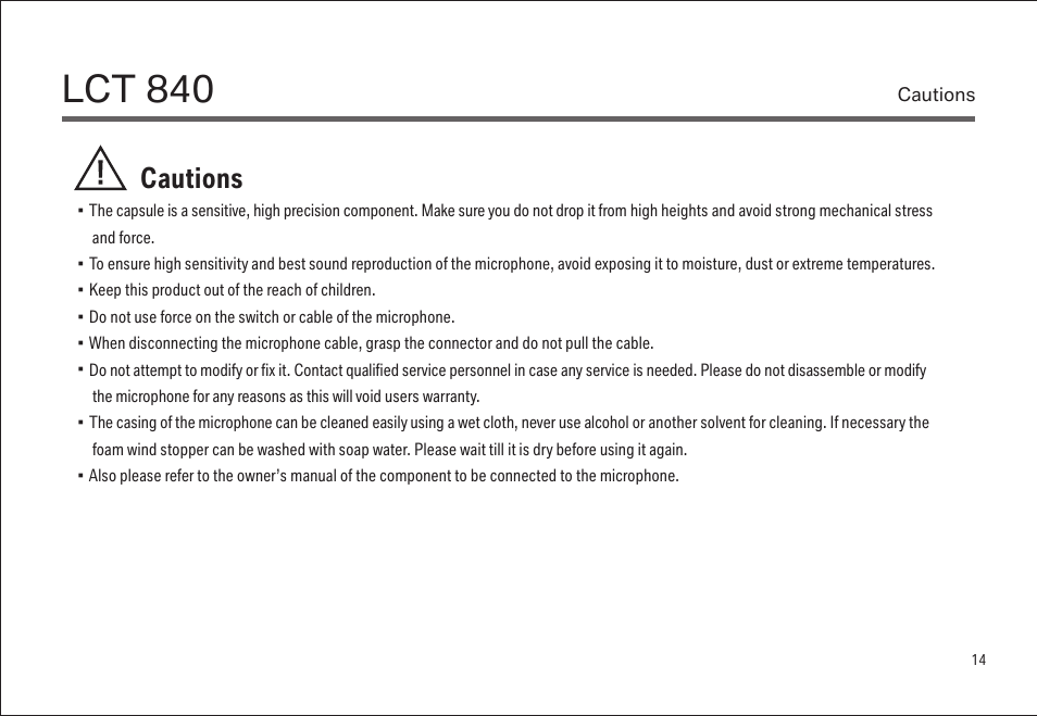 Lct 840, Cautions | LEWITT LCT 840 User Manual | Page 14 / 18