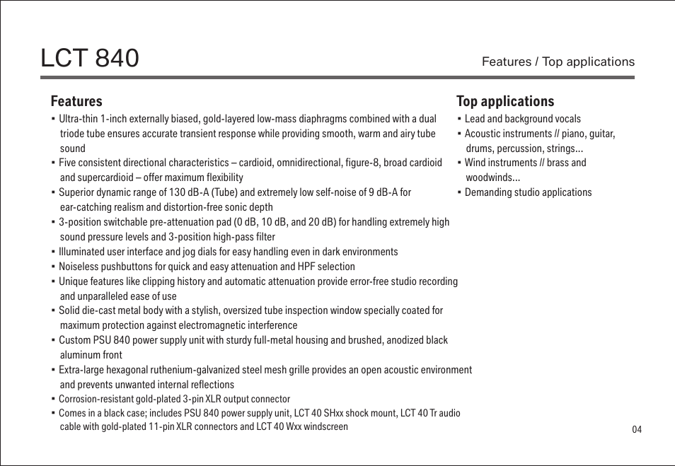 Lct 840, Features, Top applications | LEWITT LCT 840 User Manual | Page 4 / 18