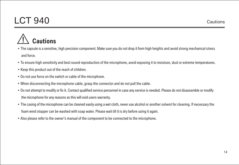 Lct 940, Cautions | LEWITT LCT 940 User Manual | Page 14 / 18