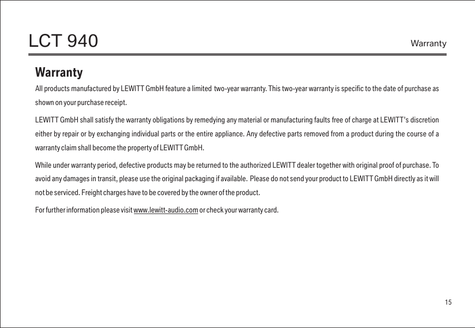 Lct 940, Warranty | LEWITT LCT 940 User Manual | Page 15 / 18