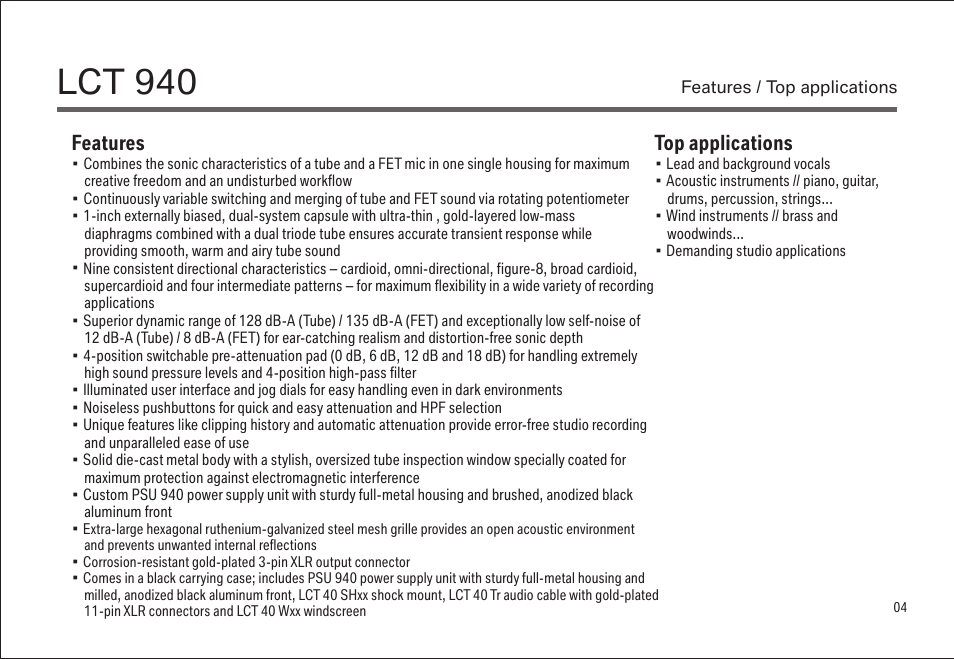 Lct 940, Features, Top applications | LEWITT LCT 940 User Manual | Page 4 / 18