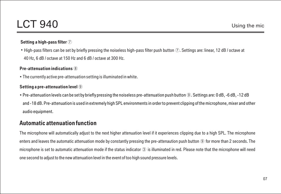 Lct 940, Automatic attenuation function | LEWITT LCT 940 User Manual | Page 7 / 18