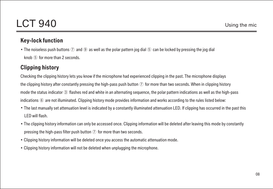 Lct 940, Key-lock function, Clipping history | LEWITT LCT 940 User Manual | Page 8 / 18