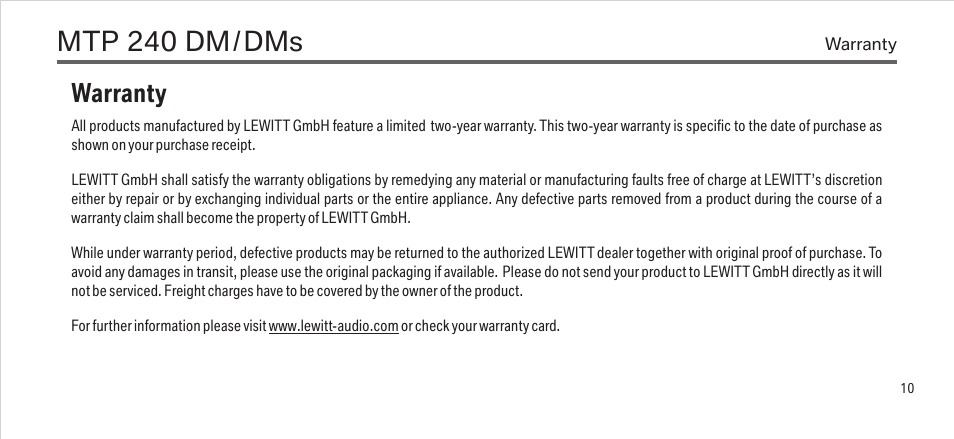 Mtp 240 dm, Warranty | LEWITT MTP 240 DM/DMs User Manual | Page 10 / 13