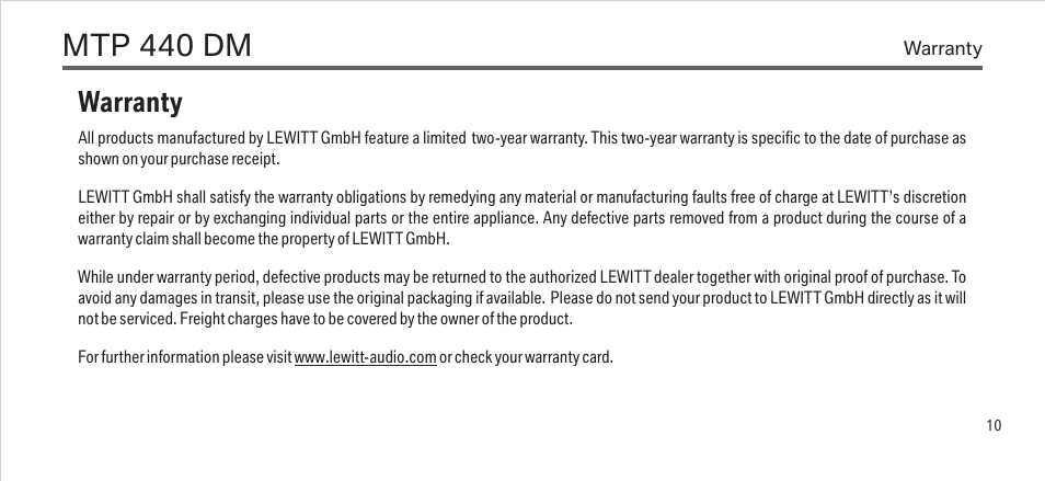 Mtp 440 dm, Warranty | LEWITT MTP 440 DM User Manual | Page 10 / 13