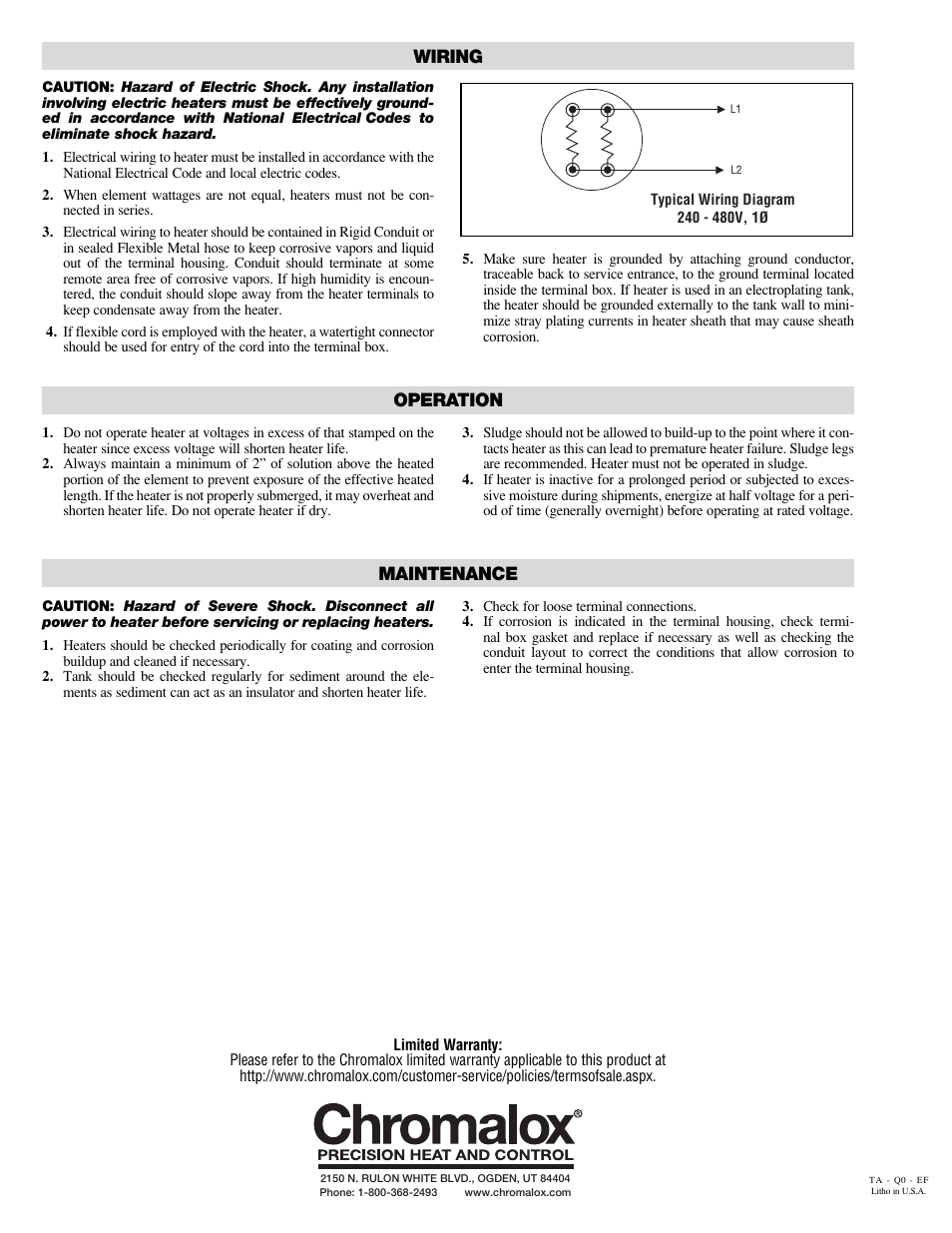 Wiring, Operation, Maintenance | Chromalox TBL-A User Manual | Page 2 / 2