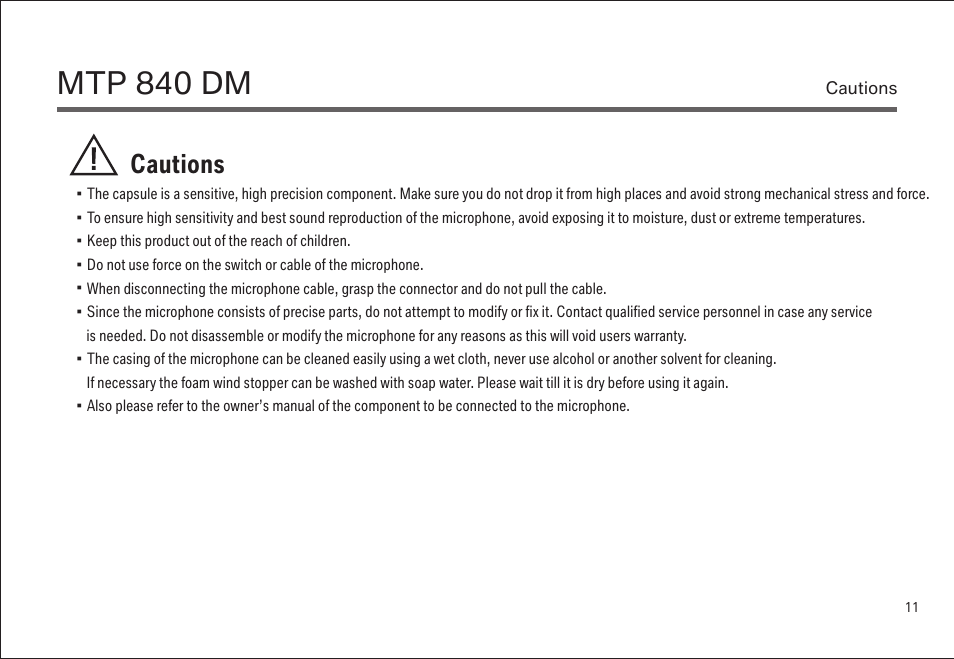 Mtp 840 dm, Cautions | LEWITT MTP 840 DM User Manual | Page 11 / 15