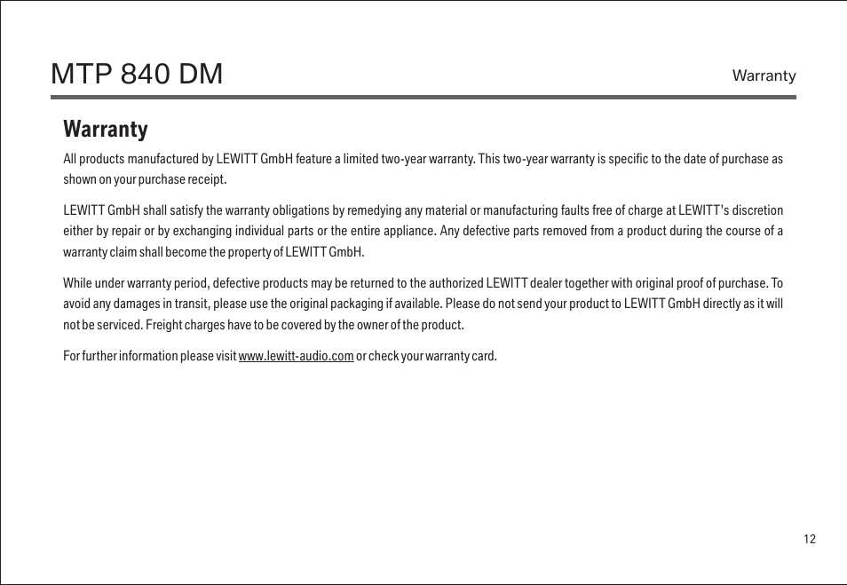 Mtp 840 dm, Warranty | LEWITT MTP 840 DM User Manual | Page 12 / 15