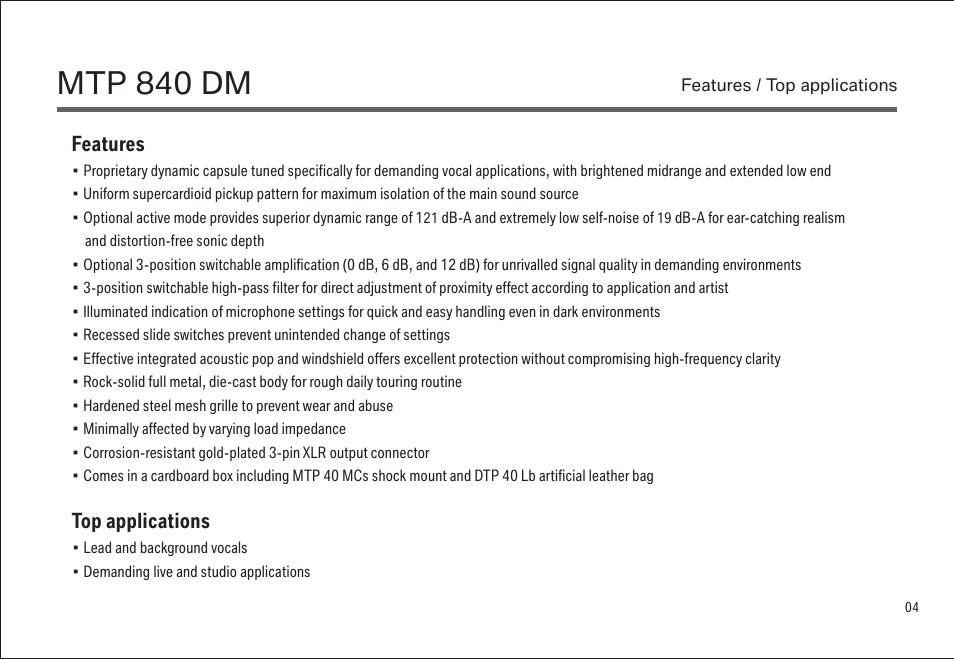 Mtp 840 dm, Features, Top applications | LEWITT MTP 840 DM User Manual | Page 4 / 15
