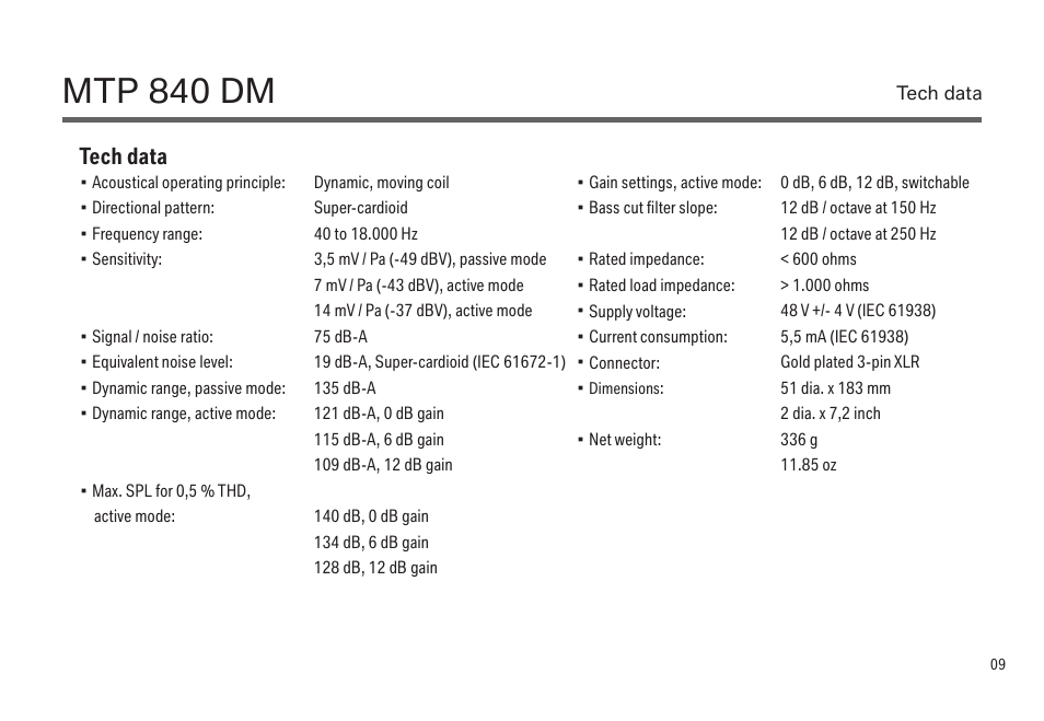 Mtp 840 dm, Tech data | LEWITT MTP 840 DM User Manual | Page 9 / 15