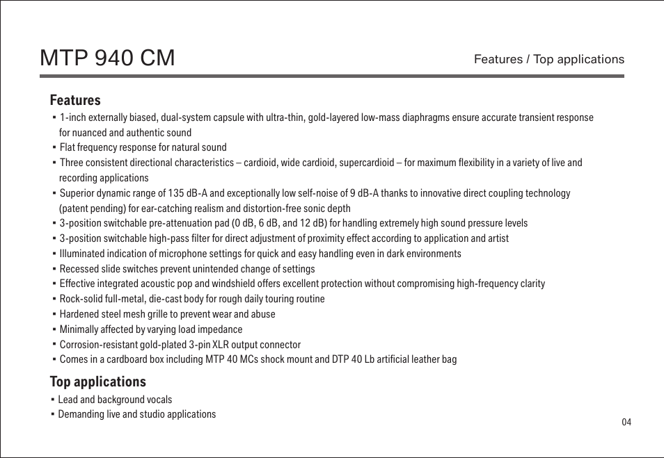 Mtp 940 cm, Features, Top applications | LEWITT MTP 940 CM User Manual | Page 4 / 15