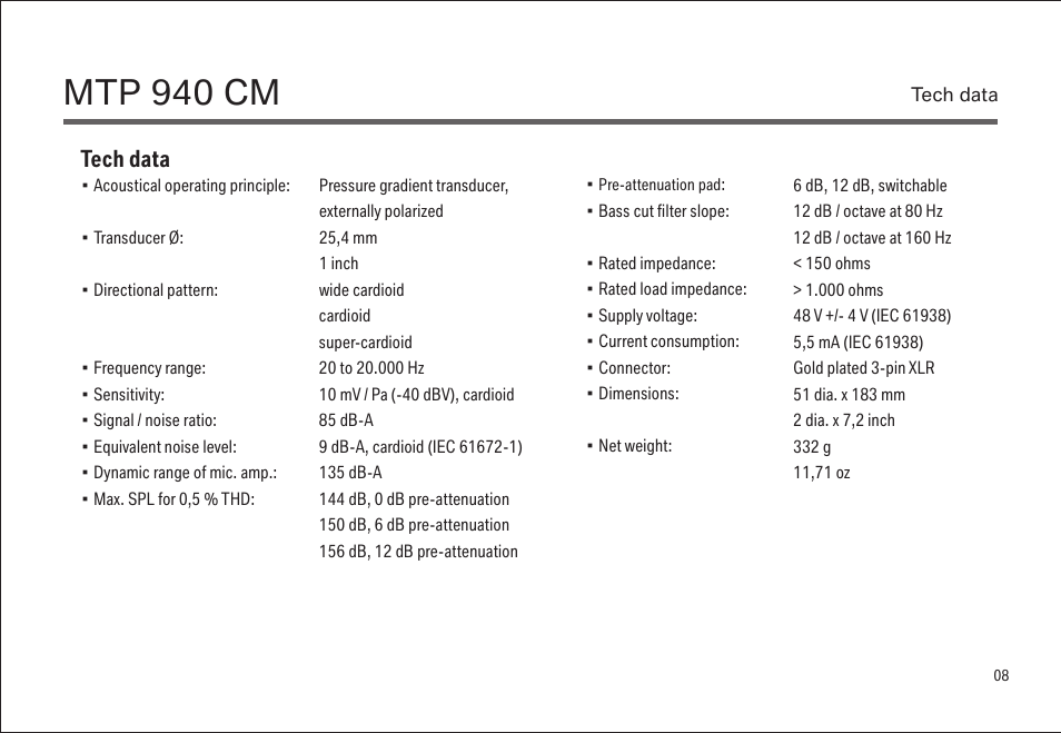 Mtp 940 cm, Tech data | LEWITT MTP 940 CM User Manual | Page 9 / 15